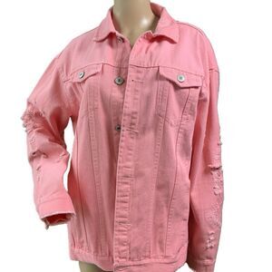 Studios Pink Distressed Button Front Collared Denim Jacket Sz XXLY2K Streeetwear